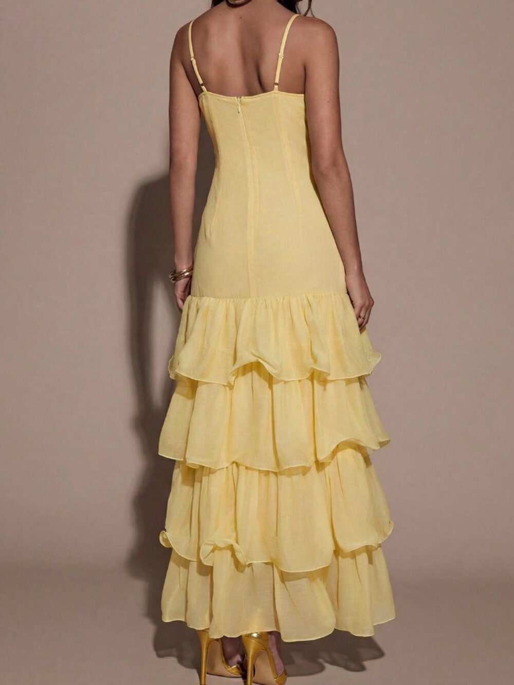 Yellow Sexy Women's Layered Ruffle Hem Spaghetti Strap Dress - Picture 2 of 7